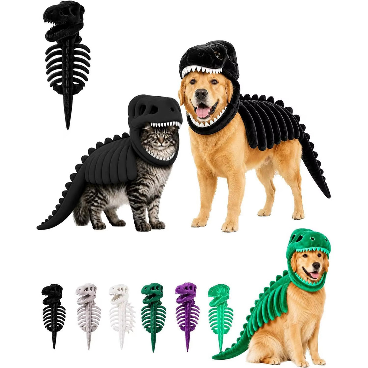 Funny Dinosaur Skeleton Pet Costume for Dogs Cats Soft Plush T-Rex Hood Halloween Cosplay Party Puppy Kitten Apparel Outfit