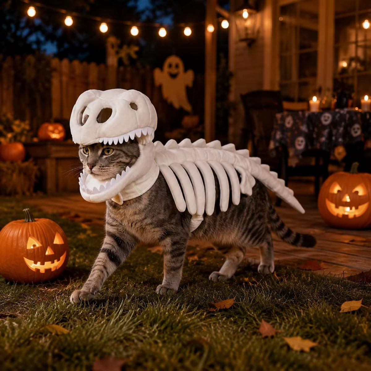 Funny Dinosaur Skeleton Pet Costume for Dogs Cats Soft Plush T-Rex Hood Halloween Cosplay Party Puppy Kitten Apparel Outfit